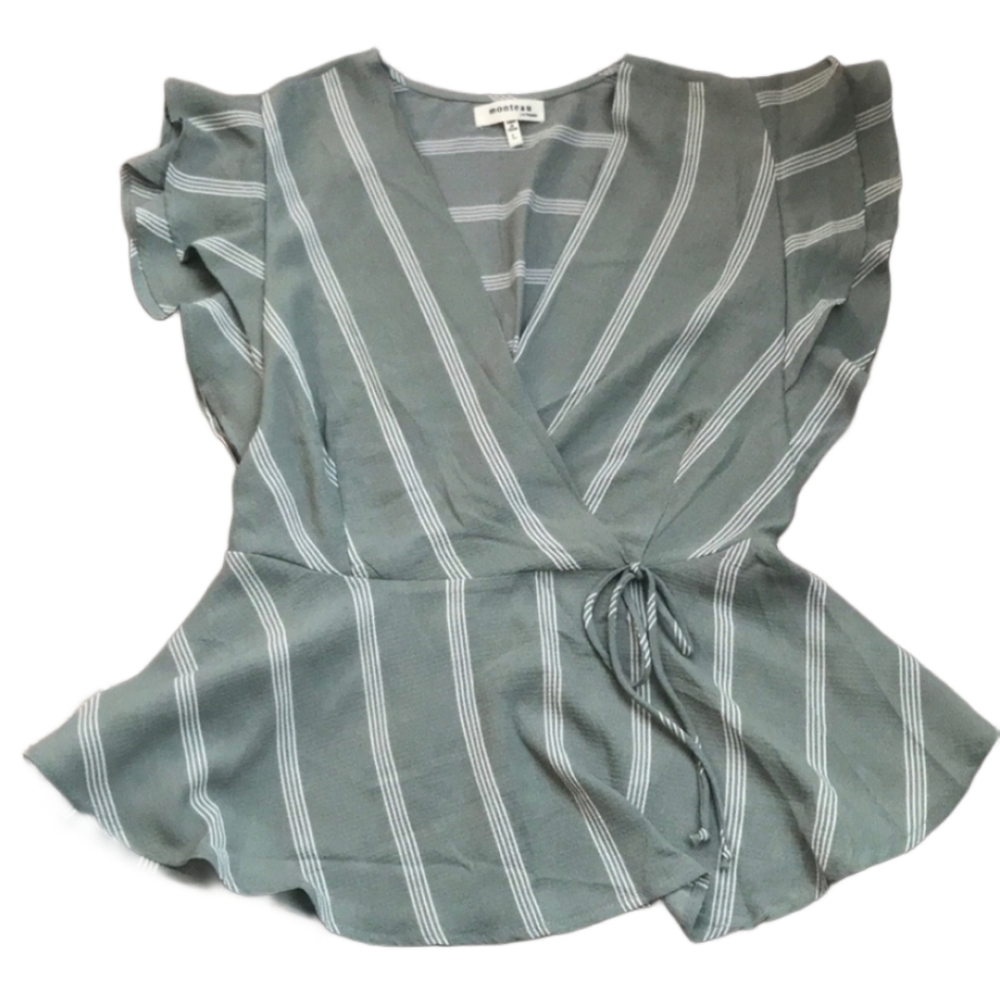 Monteau Green Striped Wrap Top